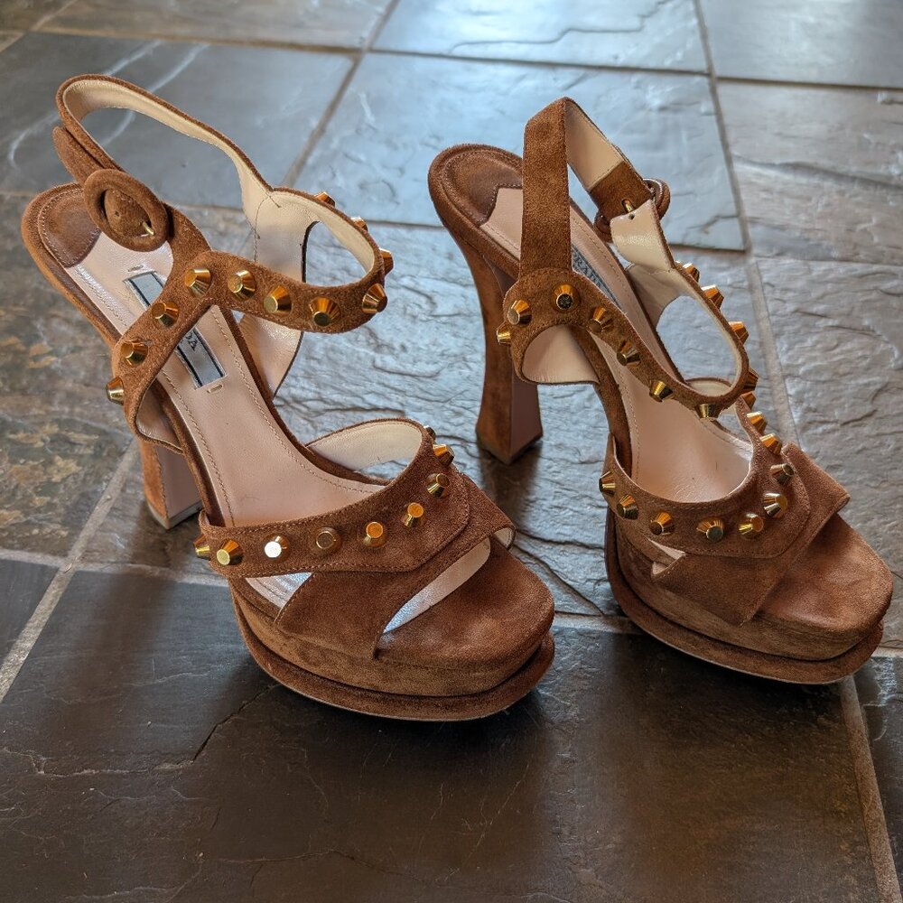 Prada Studded Accents Brown Suede Slingback Platform Heel Sandals - 38.5